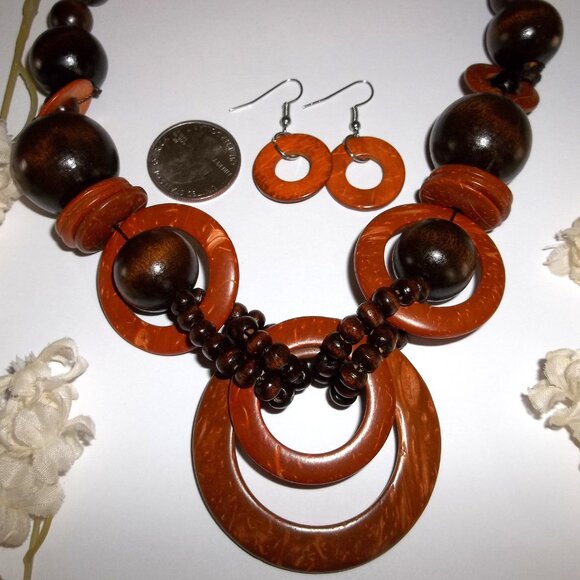 Wood Necklace, Necklace, Brown, Earring, Necklace and Earring Set Boho Set D337 - Picture 2 of 7